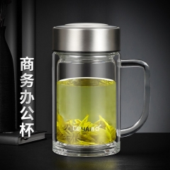 高檔雙層玻璃杯男辦公杯大容量 帶把手玻璃水杯 450ML